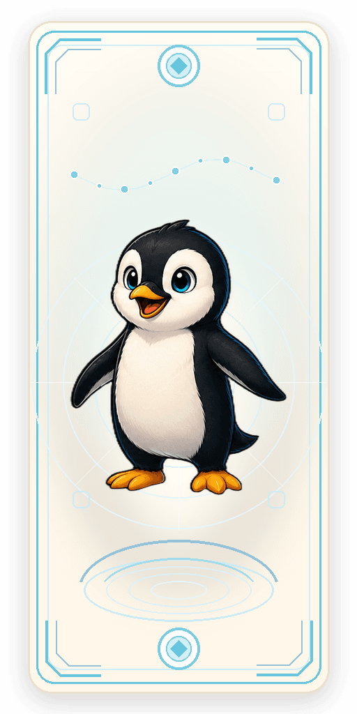 A curious young penguin on a collectible card