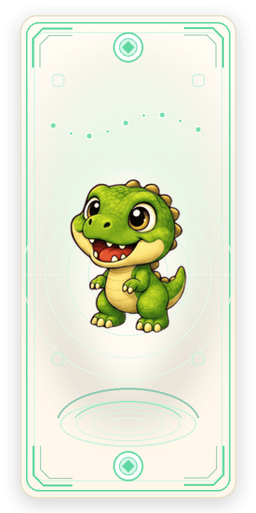 A cheerful baby T-Rex on a collectible card